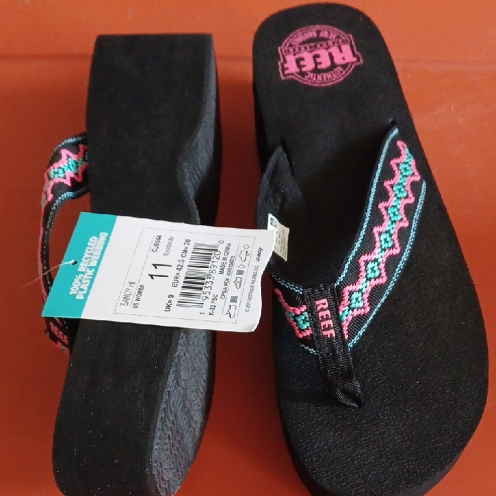 Reef Black Sandals with Pink and Teal Accents